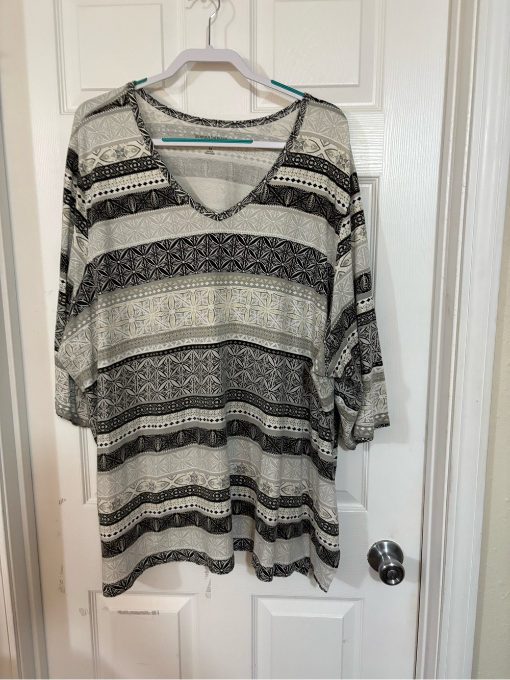 Woman Within 4x 34/36 black/khaki beige/white striped tunic top v-neck 3/4 sleev